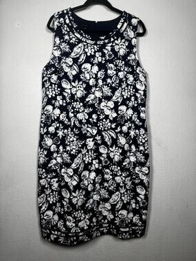 New Talbots Floral Shift Dress Navy Blue White Sz 16/XL Textured